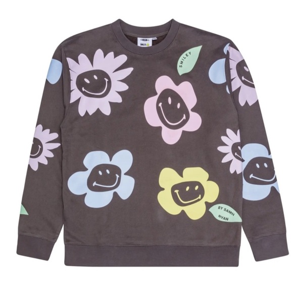 SMILEY® X HAPPY GARDEN CREWNECK SWEATSHIRT IN WASHED BLACK - Picture 1 of 8
